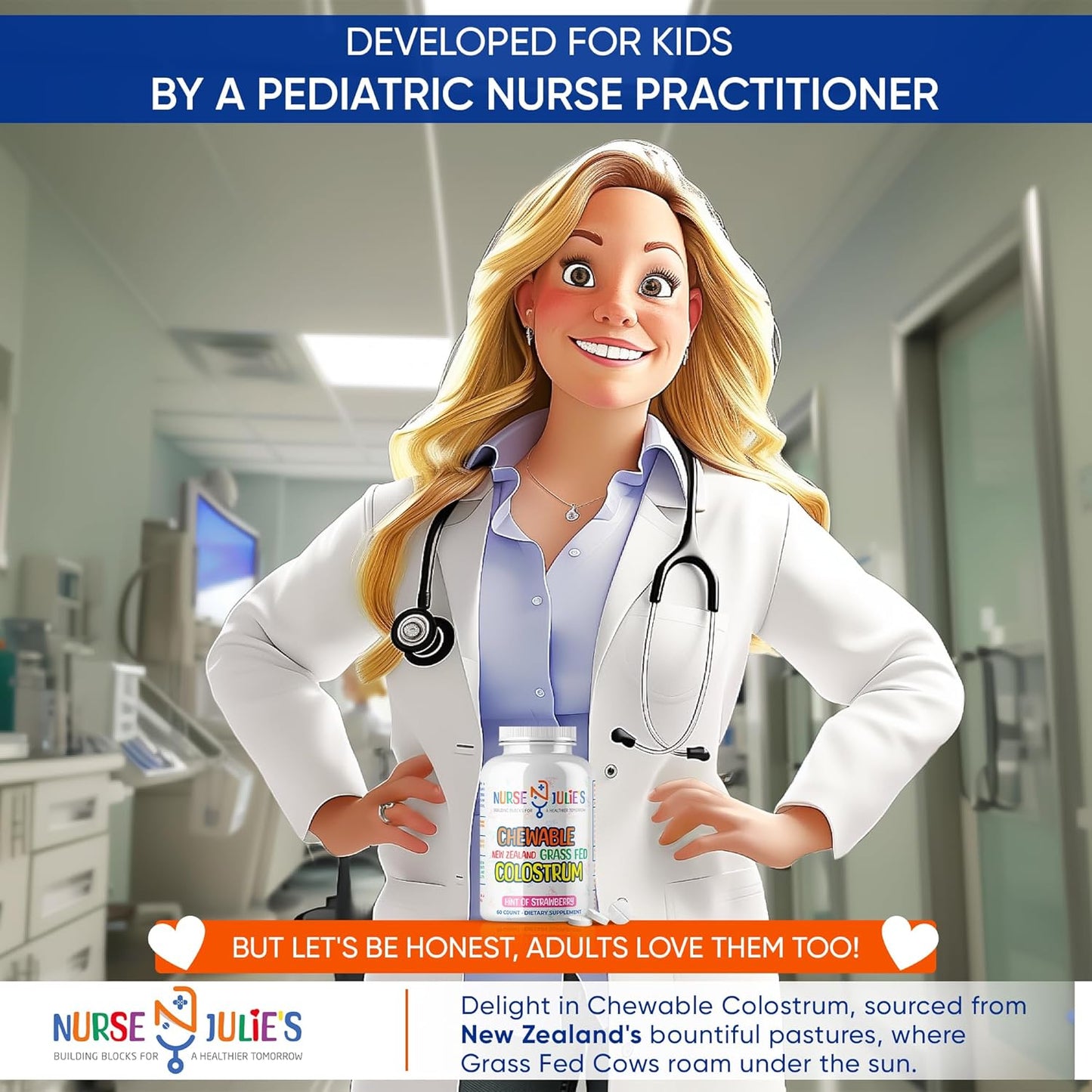 Nurse Julie's Chewable Colostrum Tablets for Kids - 100% Grassfed New Zealand Colostrum - Immune and Gut Health Support - 60 Tablets