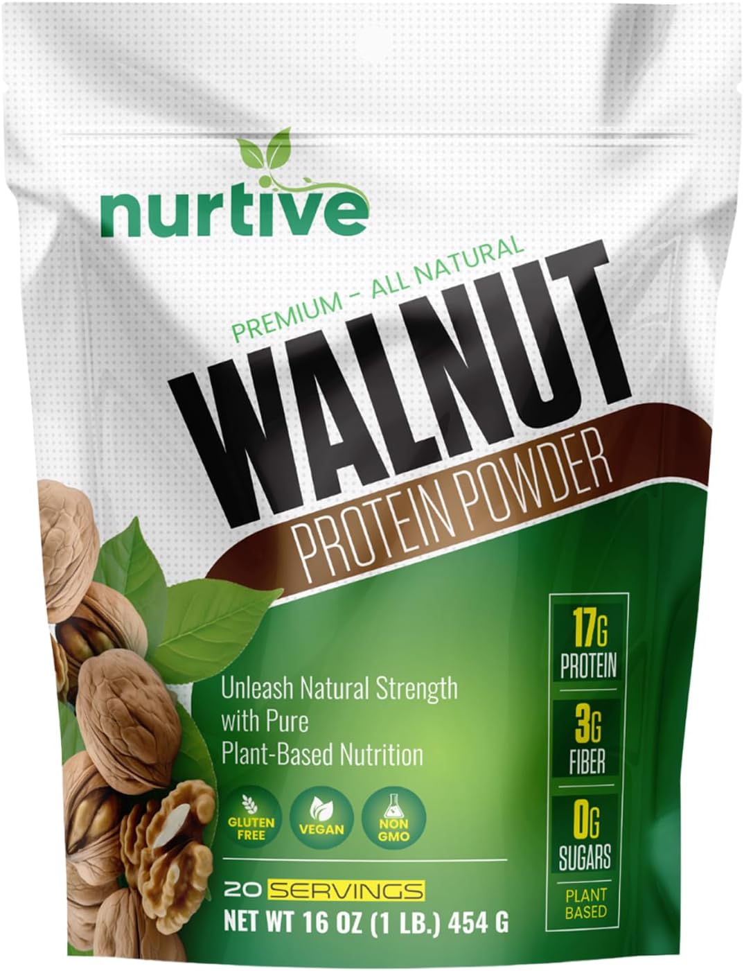 NURTIVE Plant-Based Walnut Protein Powder with Omega-3 - Antioxidant Boost for Smoothies & Baking - Gluten-Free, Vegan, Non-GMO - 20 Servings (16 oz)