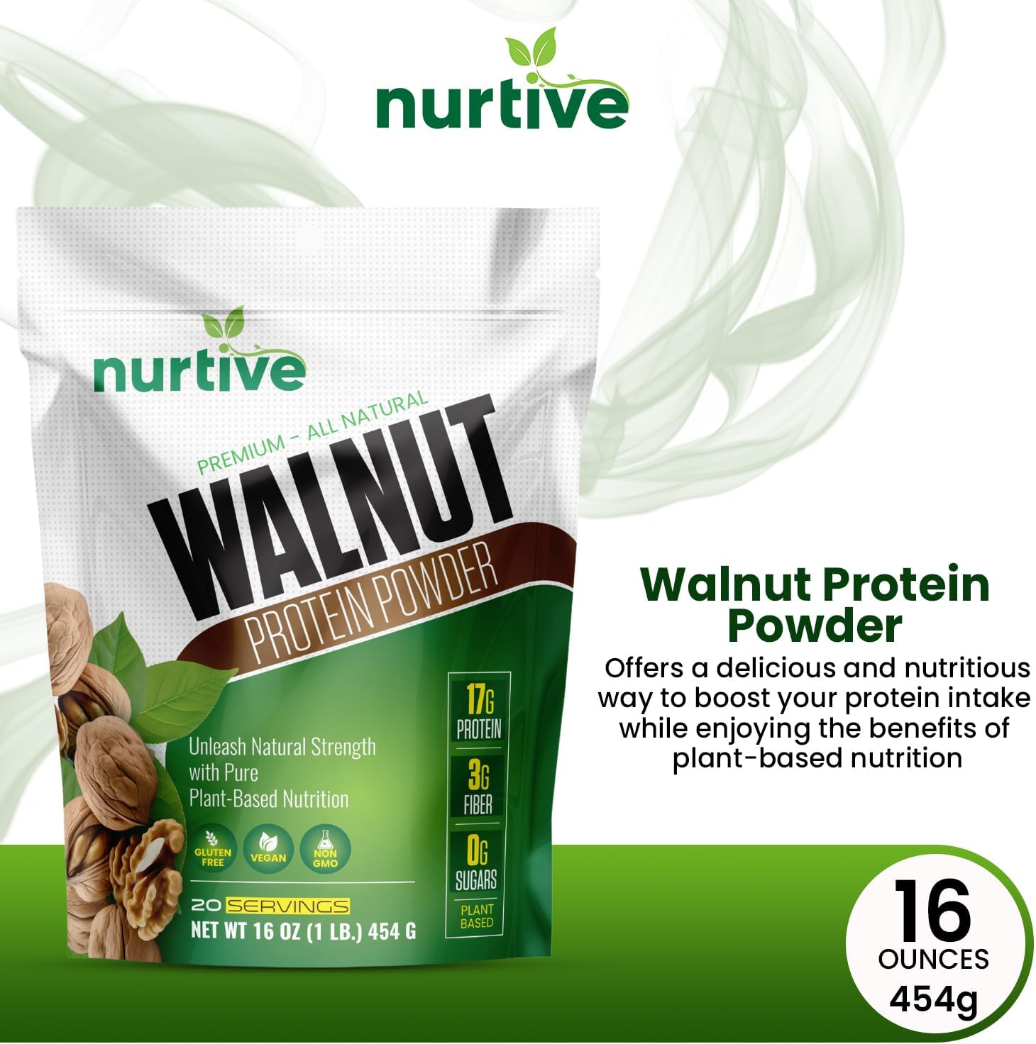 NURTIVE Plant-Based Walnut Protein Powder with Omega-3 - Antioxidant Boost for Smoothies & Baking - Gluten-Free, Vegan, Non-GMO - 20 Servings (16 oz)