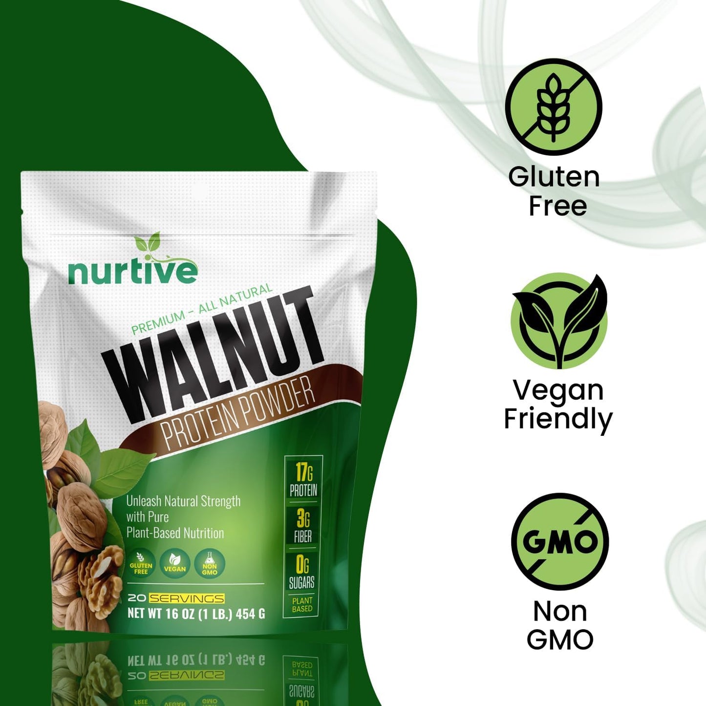 NURTIVE Plant-Based Walnut Protein Powder with Omega-3 - Antioxidant Boost for Smoothies & Baking - Gluten-Free, Vegan, Non-GMO - 20 Servings (16 oz)