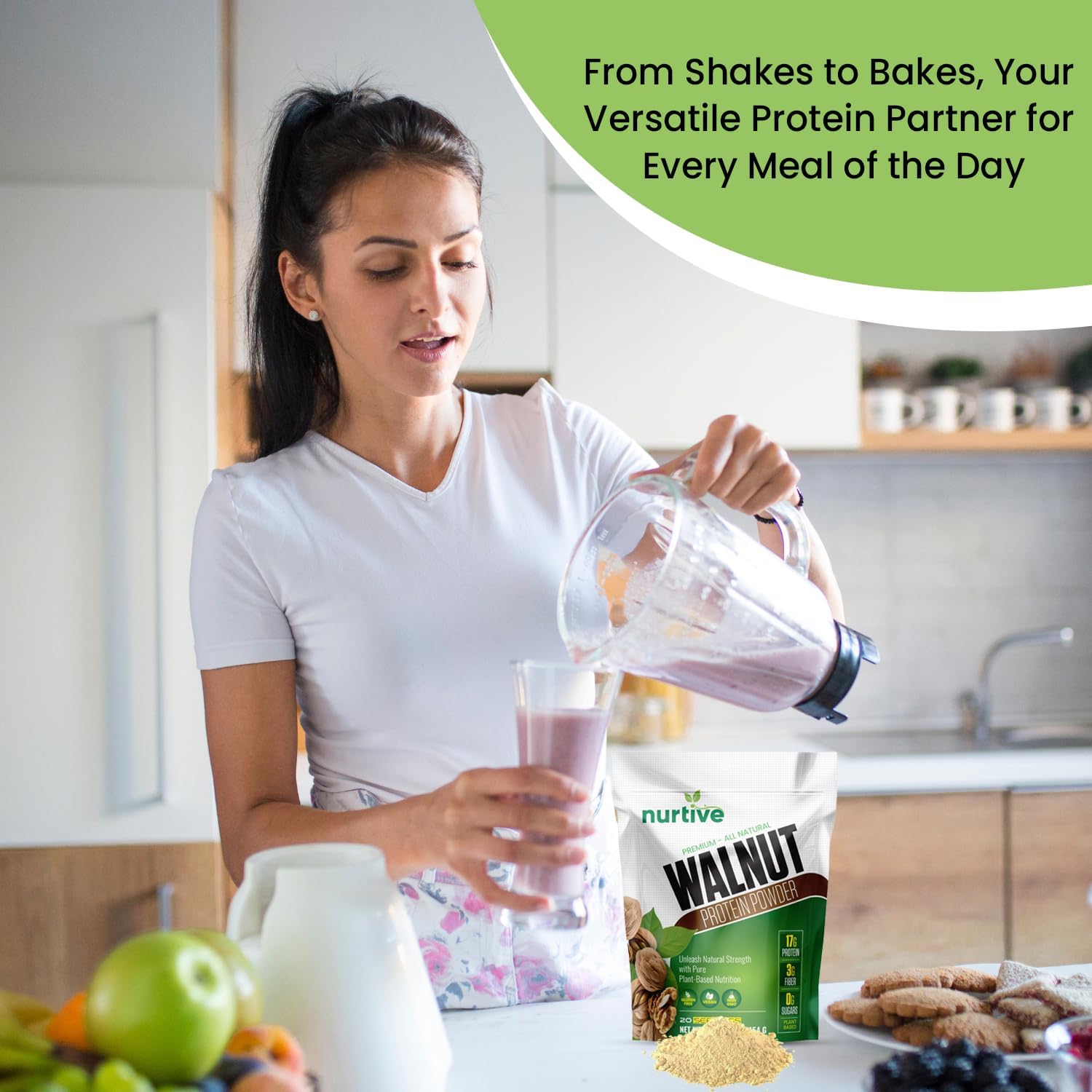 NURTIVE Plant-Based Walnut Protein Powder with Omega-3 - Antioxidant Boost for Smoothies & Baking - Gluten-Free, Vegan, Non-GMO - 20 Servings (16 oz)