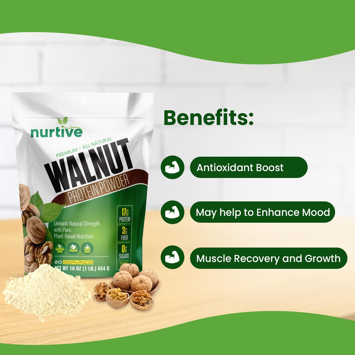 NURTIVE Plant-Based Walnut Protein Powder with Omega-3 - Antioxidant Boost for Smoothies & Baking - Gluten-Free, Vegan, Non-GMO - 20 Servings (16 oz)