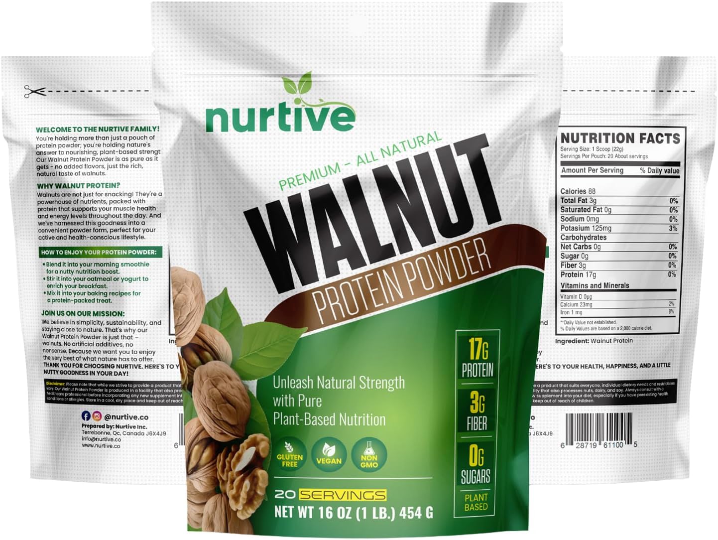 NURTIVE Plant-Based Walnut Protein Powder with Omega-3 - Antioxidant Boost for Smoothies & Baking - Gluten-Free, Vegan, Non-GMO - 20 Servings (16 oz)