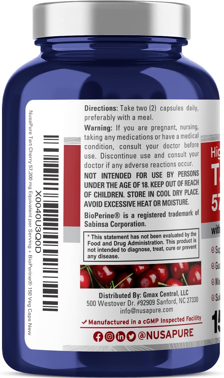 NusaPure Tart Cherry Capsules - 57,200mg, 150 Count, Vegan, Non-GMO, Gluten Free