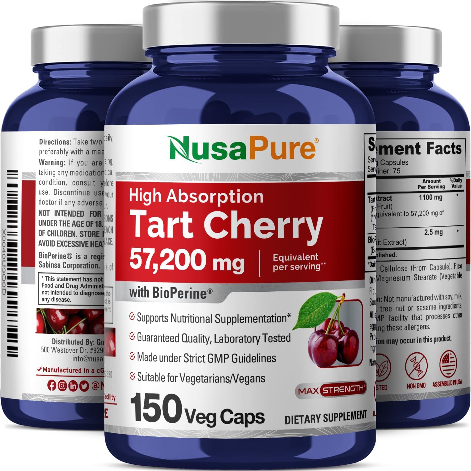 NusaPure Tart Cherry Capsules - 57,200mg, 150 Count, Vegan, Non-GMO, Gluten Free
