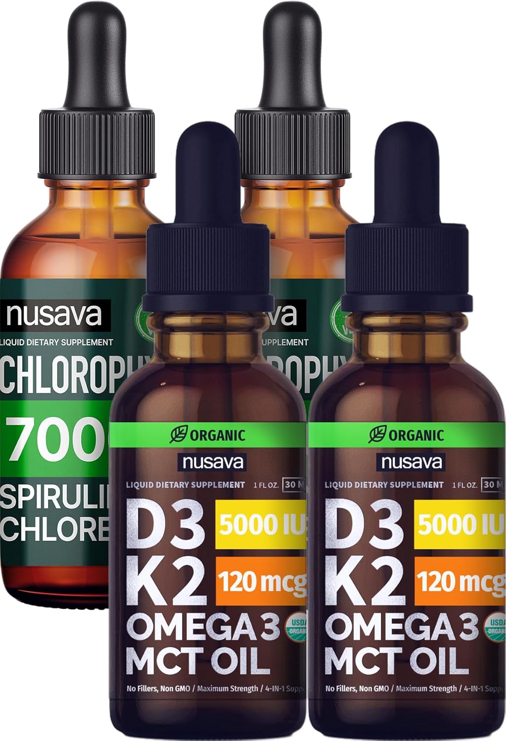 NUSAVA Unflavored D3 K2 and Chlorophyll Liquid Drops Bundle - Heart, Joint, Energy & Immune Support - Non-GMO, Gluten-Free - 2pk