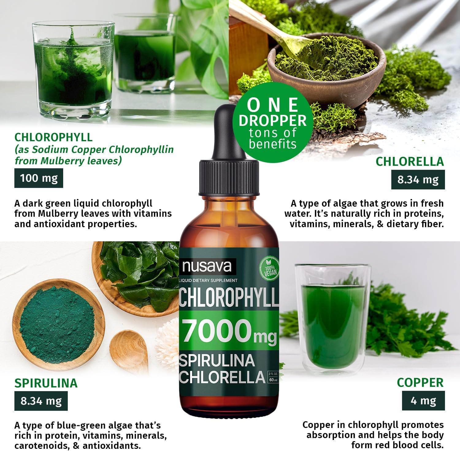 NUSAVA Unflavored D3 K2 and Chlorophyll Liquid Drops Bundle - Heart, Joint, Energy & Immune Support - Non-GMO, Gluten-Free - 2pk