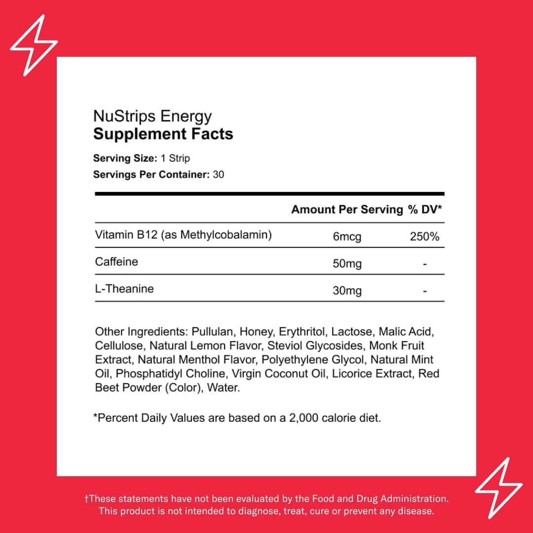 NuStrips Energy: Fast-Absorbing Natural Energy Strips with Caffeine, L-Theanine, and Vitamin B12 - 30 Pack