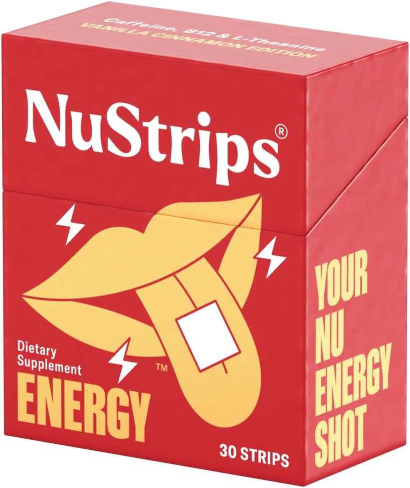 NuStrips Energy | Natural Energy Strips with Caffeine, L-Theanine, Vitamin B12 | 30 Strips = 30 Drinks | Fast Absorption (Cinnamon Vanilla)
