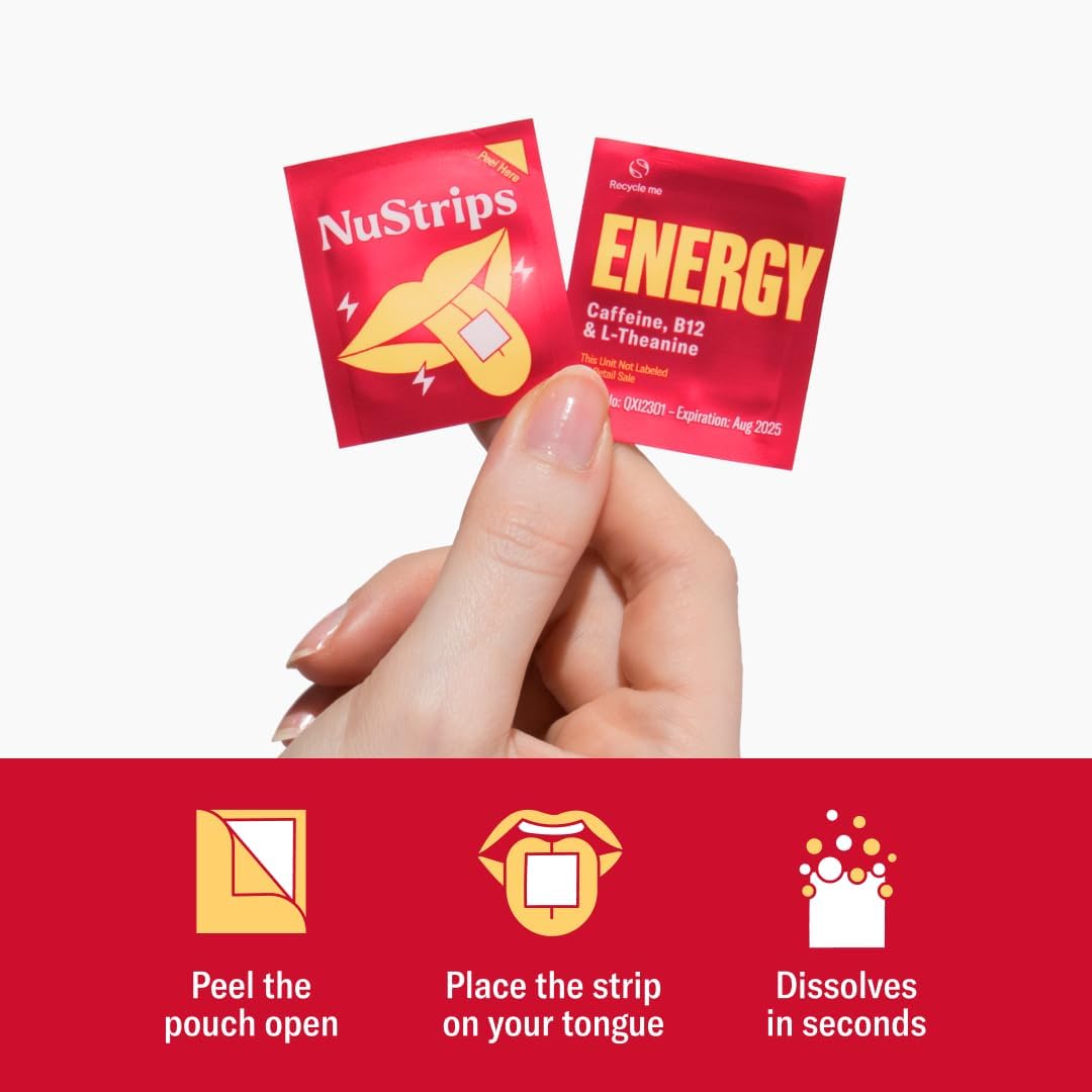 NuStrips Energy | Natural Energy Strips with Caffeine, L-Theanine, Vitamin B12 | 30 Strips = 30 Drinks | Fast Absorption (Cinnamon Vanilla)