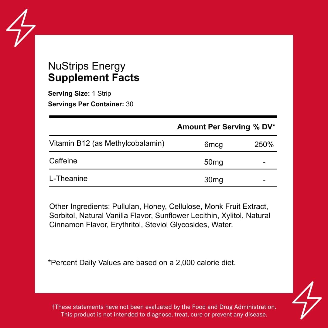 NuStrips Energy | Natural Energy Strips with Caffeine, L-Theanine, Vitamin B12 | 30 Strips = 30 Drinks | Fast Absorption (Cinnamon Vanilla)