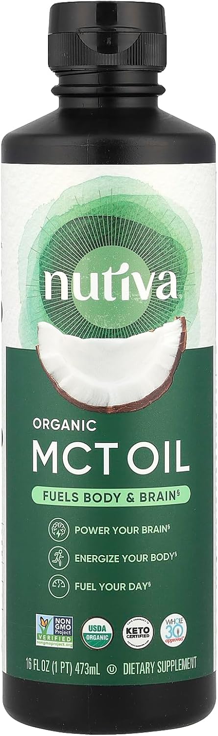 Nutiva Organic MCT Oil - 16 fl oz, Unflavored for Keto Coffee - Non-GMO Oil from Organic Coconuts - Keto Friendly Supplement with 14g of C8 & C10 - Best MCT Oil for Wellness & Ketosis