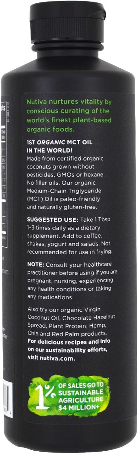 Nutiva Organic MCT Oil - 16 fl oz, Unflavored for Keto Coffee - Non-GMO Oil from Organic Coconuts - Keto Friendly Supplement with 14g of C8 & C10 - Best MCT Oil for Wellness & Ketosis