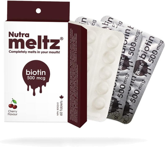 Nutra Meltz Biotin 500 mcg Melting Tablets - 60 Count - Cherry Flavor - Hair, Skin, Nail Support
