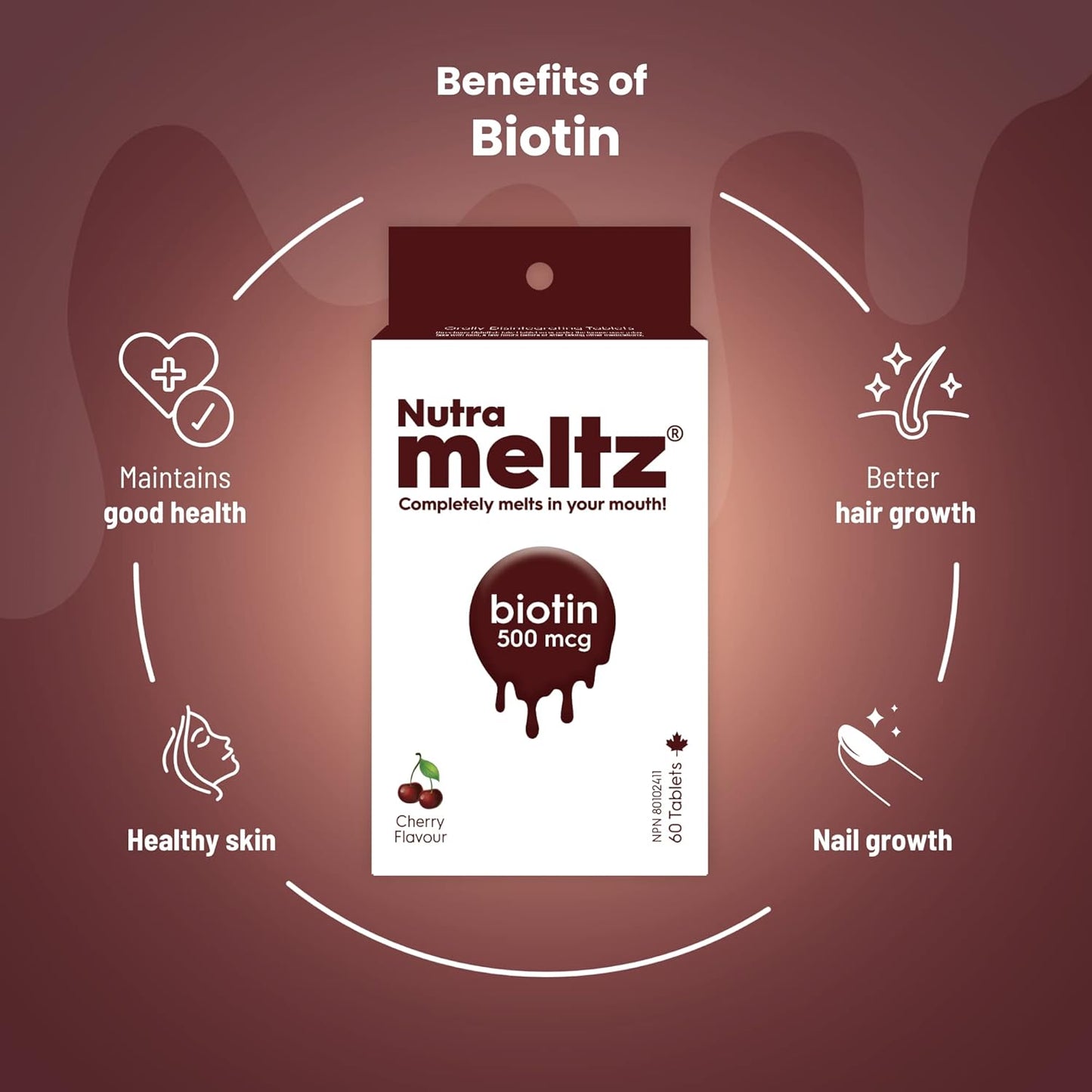 Nutra Meltz Biotin 500 mcg Melting Tablets - 60 Count - Cherry Flavor - Hair, Skin, Nail Support
