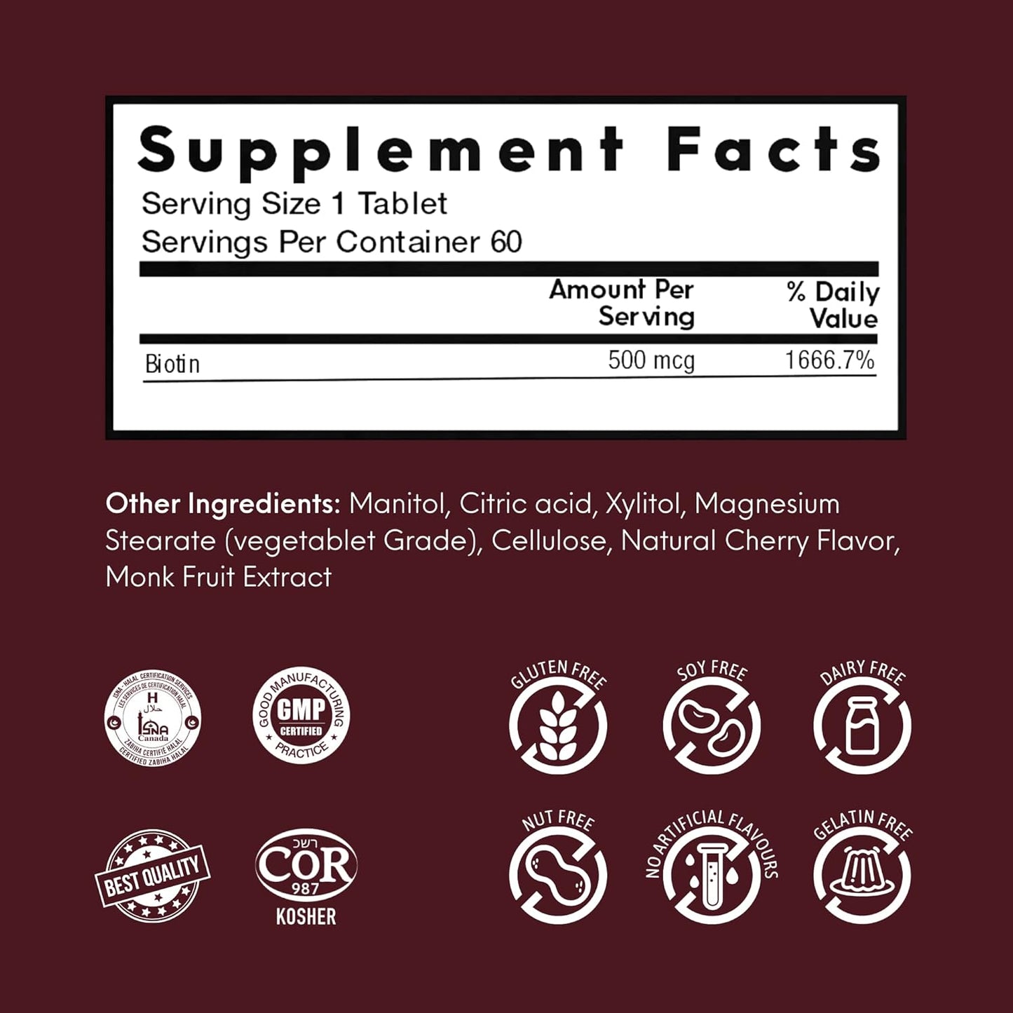 Nutra Meltz Biotin 500 mcg Melting Tablets - 60 Count - Cherry Flavor - Hair, Skin, Nail Support