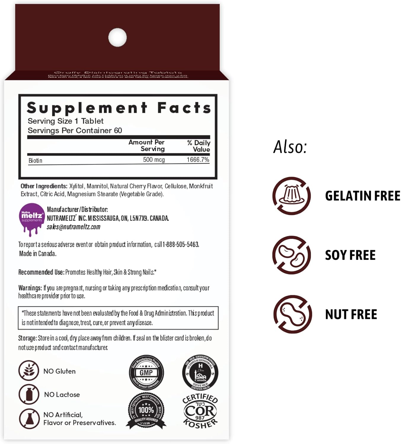 Nutra Meltz Biotin 500 mcg Melting Tablets - 60 Count - Cherry Flavor - Hair, Skin, Nail Support