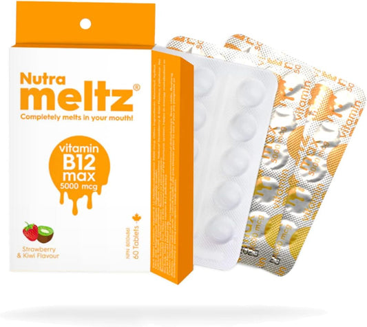 Nutra Meltz Vitamin B12 5000 mcg Quick Dissolving Tablets - Methylcobalamin for Energy, Cognition, Red Blood Cells - Strawberry & Kiwi Flavor - 60 Tablets