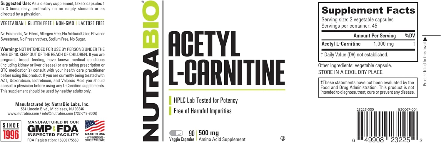 NutraBio Acetyl L-Carnitine (ALCAR) 500mg Capsules - Boost Energy, Manage Metabolism, Promote Health - 90 Count