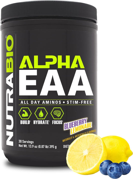 NutraBio Alpha EAA Hydration & Recovery Supplement - Full Spectrum BCAA Matrix with Electrolytes, Nootropics, Coconut Water - Blueberry Lemonade Flavor - Energy, Focus & Hydration