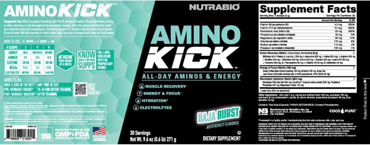 NutraBio Amino Kick: BCAA Energy Formula with Electrolytes and Natural Caffeine - 30 Servings, Baja Burst Flavor
