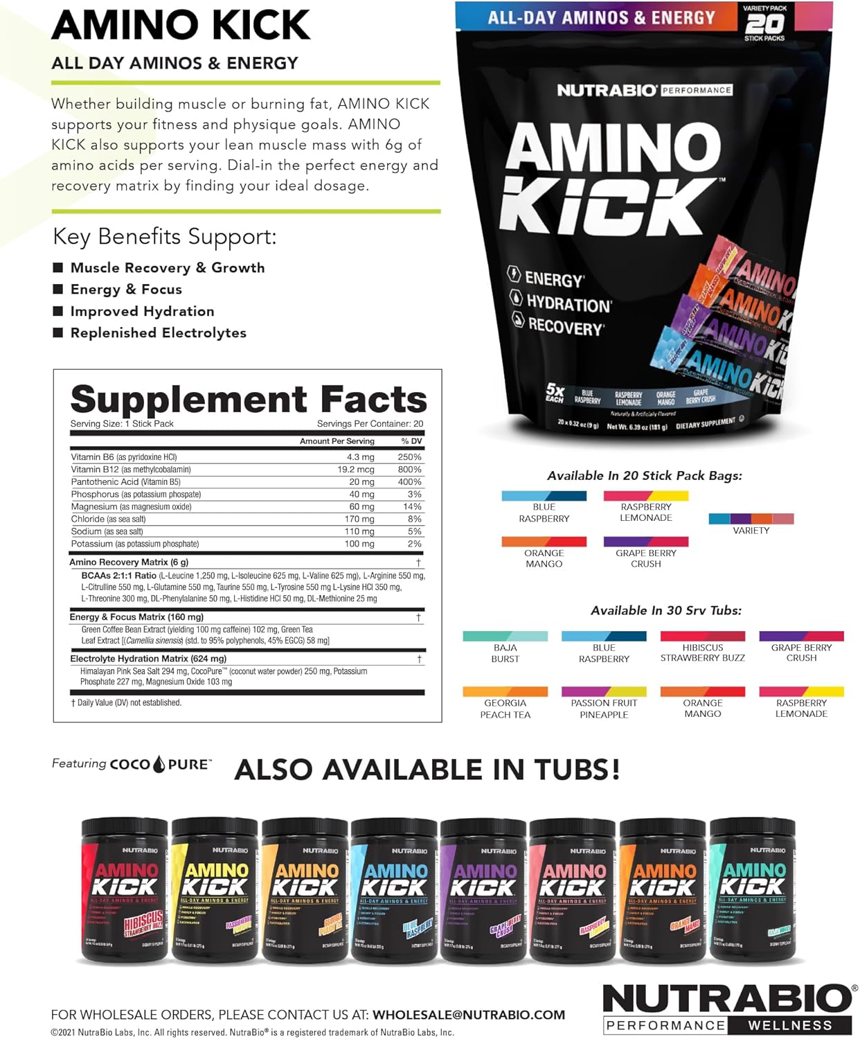 NutraBio Amino Kick: BCAA Energy Formula with Electrolytes and Natural Caffeine - 30 Servings, Baja Burst Flavor
