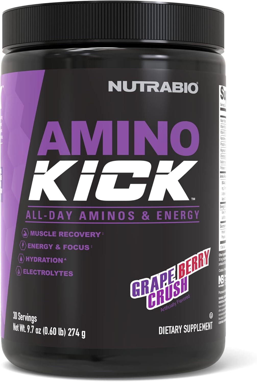 NutraBio Amino Kick: Energy Formula with Amino Acids, BCAA's, Electrolytes, Natural Caffeine - Grape Berry Crush - 30 Servings