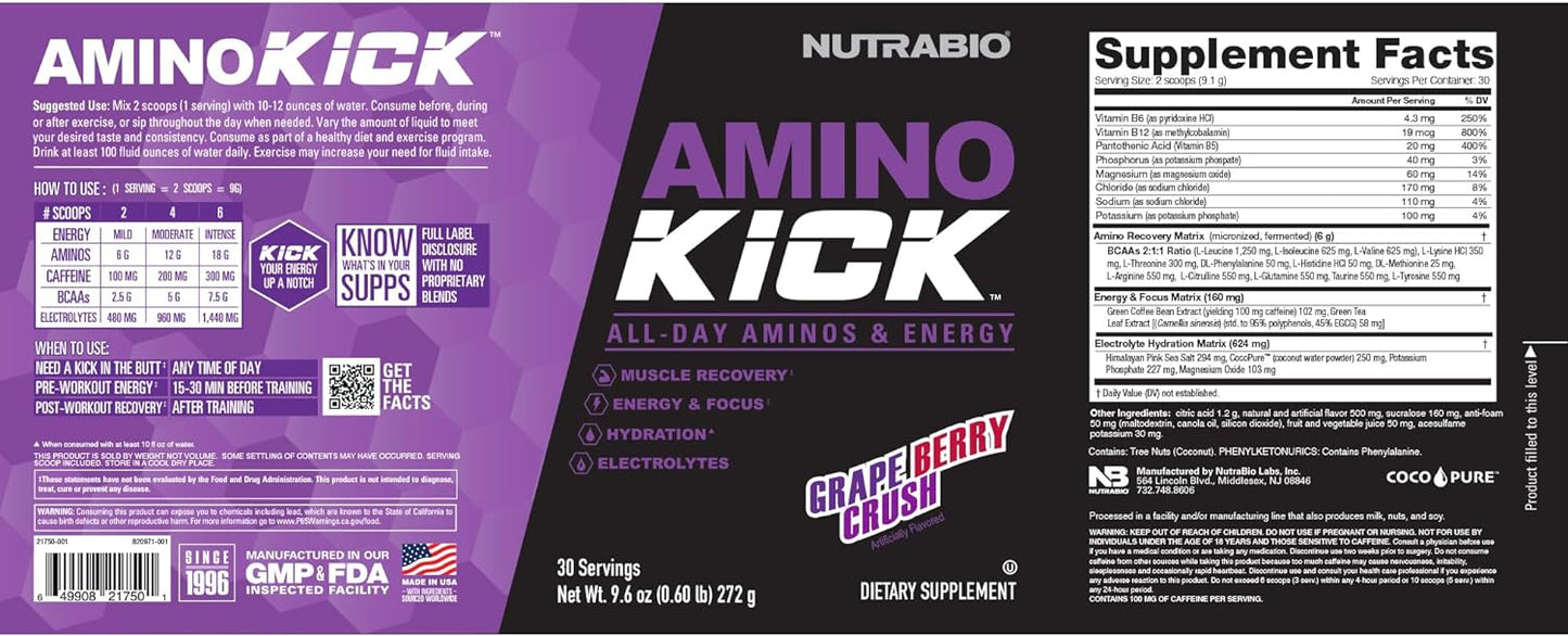 NutraBio Amino Kick: Energy Formula with Amino Acids, BCAA's, Electrolytes, Natural Caffeine - Grape Berry Crush - 30 Servings