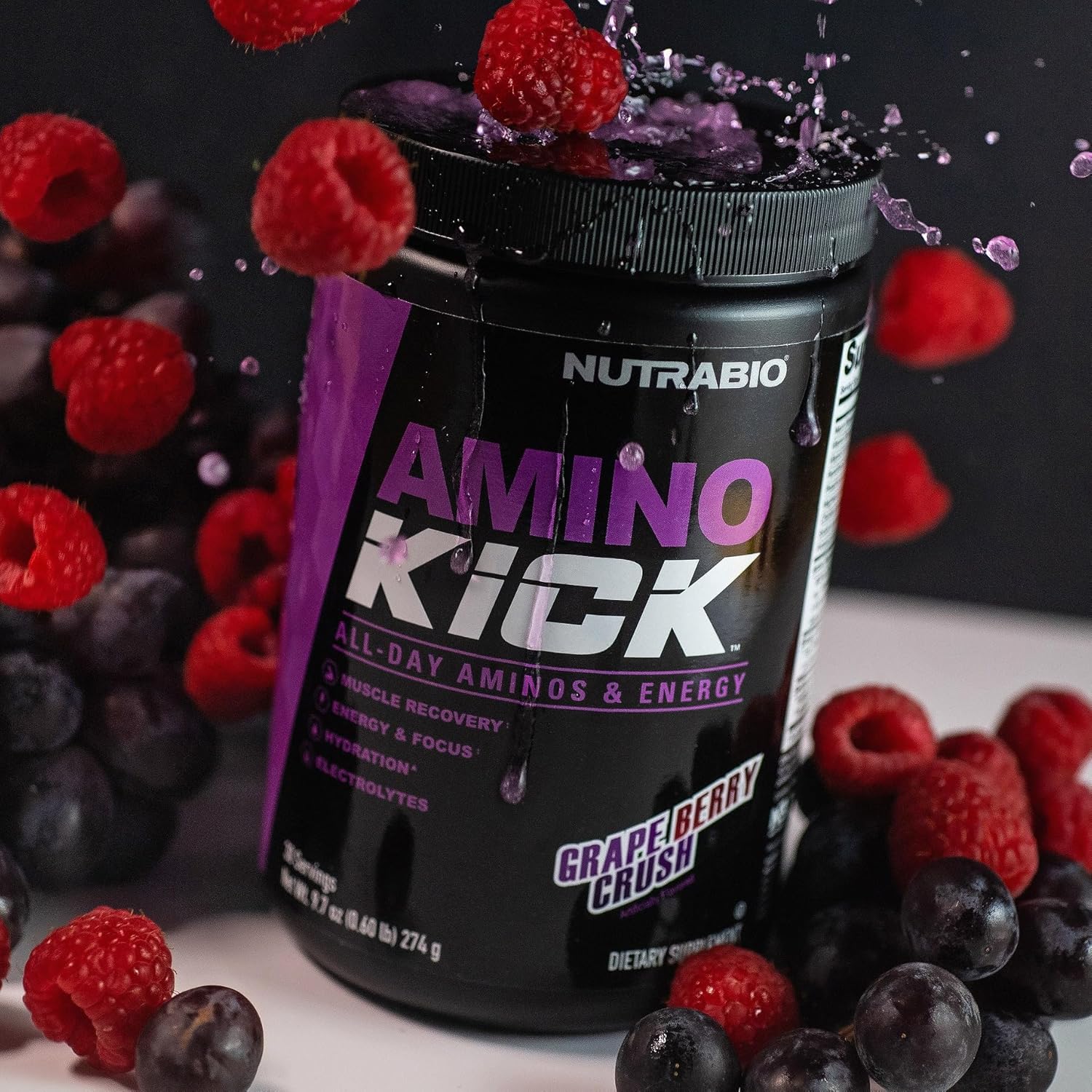 NutraBio Amino Kick: Energy Formula with Amino Acids, BCAA's, Electrolytes, Natural Caffeine - Grape Berry Crush - 30 Servings
