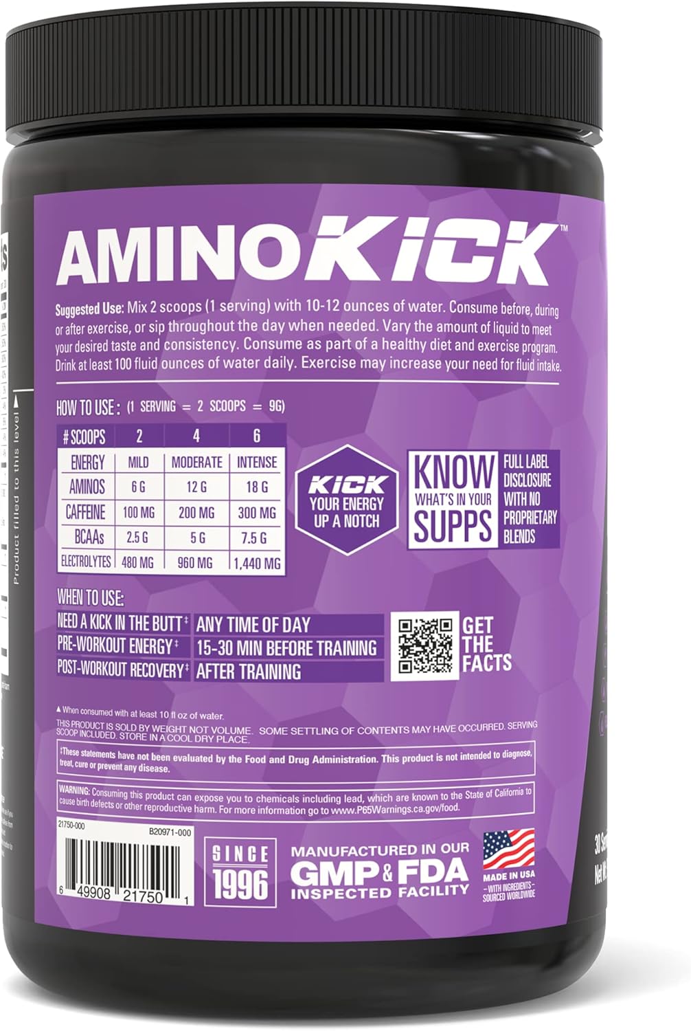 NutraBio Amino Kick: Energy Formula with Amino Acids, BCAA's, Electrolytes, Natural Caffeine - Grape Berry Crush - 30 Servings