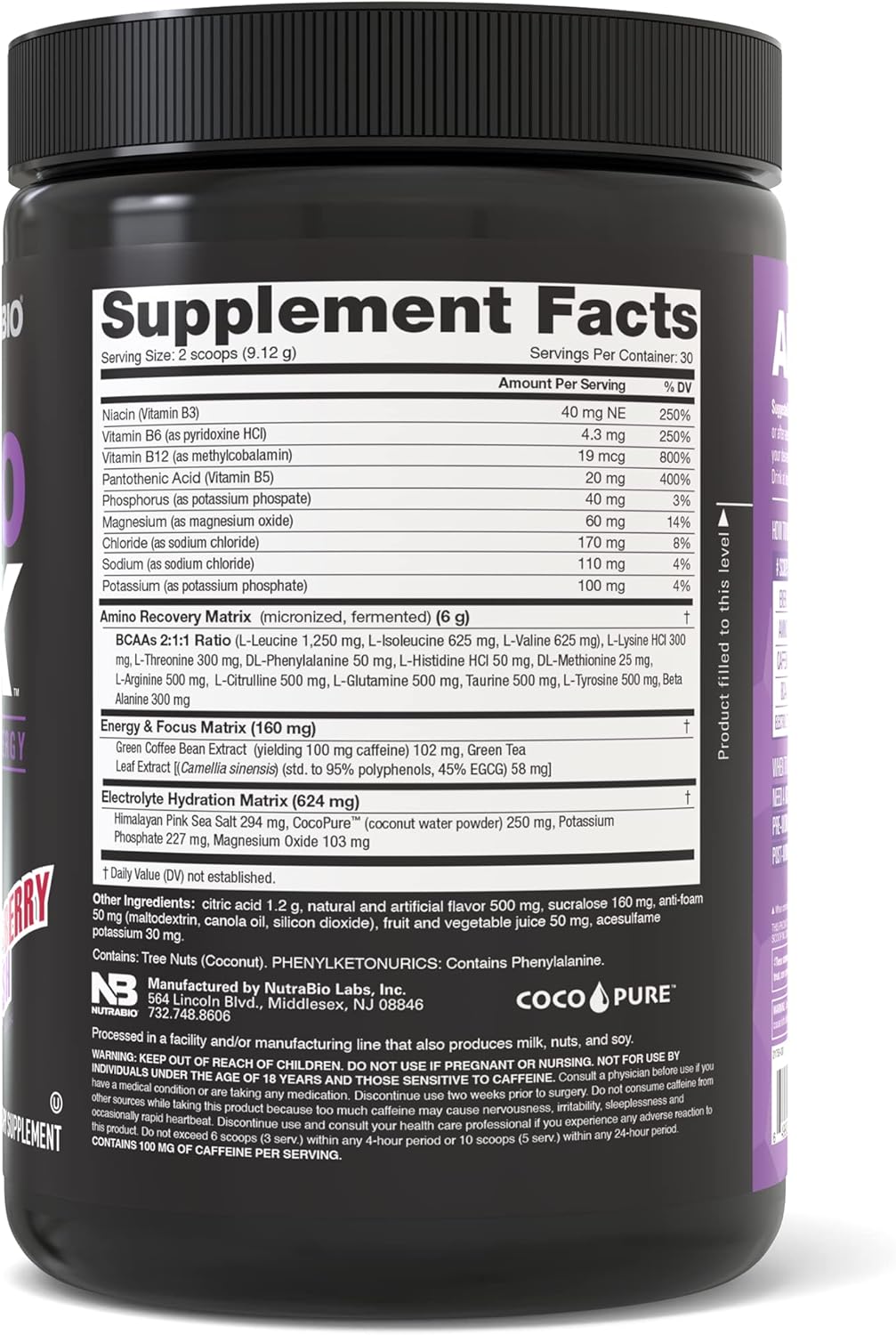 NutraBio Amino Kick: Energy Formula with Amino Acids, BCAA's, Electrolytes, Natural Caffeine - Grape Berry Crush - 30 Servings