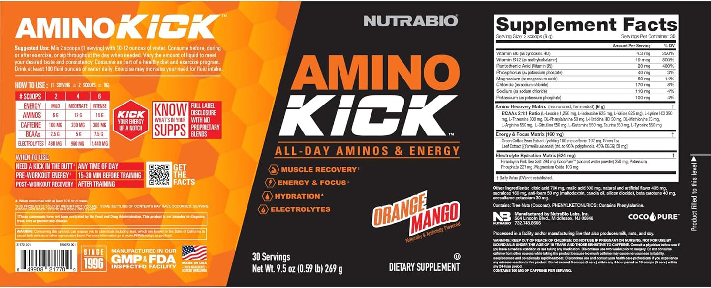 NutraBio Amino Kick Orange Mango - BCAA's, Electrolytes, Natural Caffeine - 30 Servings for Hydration and Energy Boost