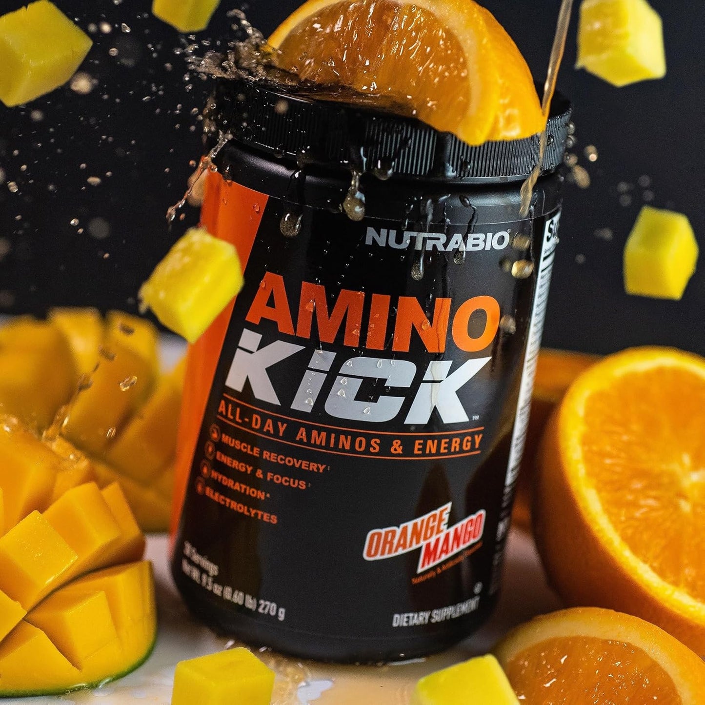 NutraBio Amino Kick Orange Mango - BCAA's, Electrolytes, Natural Caffeine - 30 Servings for Hydration and Energy Boost