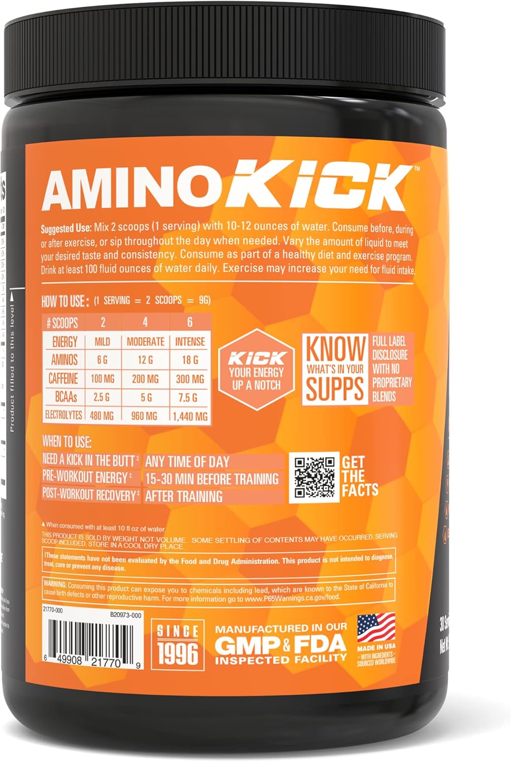 NutraBio Amino Kick Orange Mango - BCAA's, Electrolytes, Natural Caffeine - 30 Servings for Hydration and Energy Boost