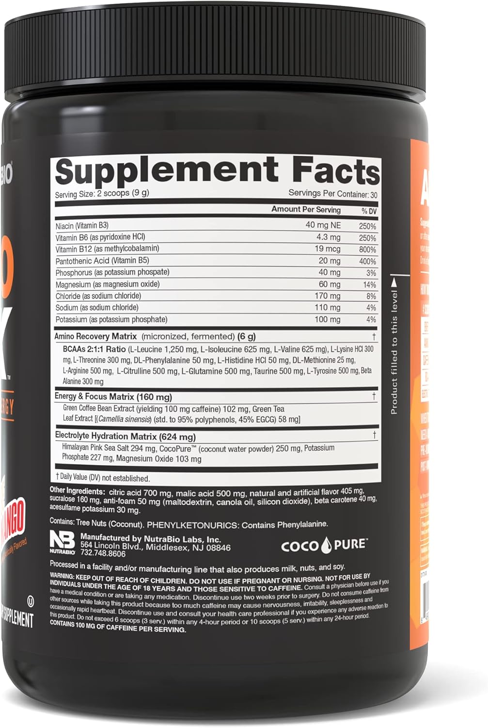 NutraBio Amino Kick Orange Mango - BCAA's, Electrolytes, Natural Caffeine - 30 Servings for Hydration and Energy Boost