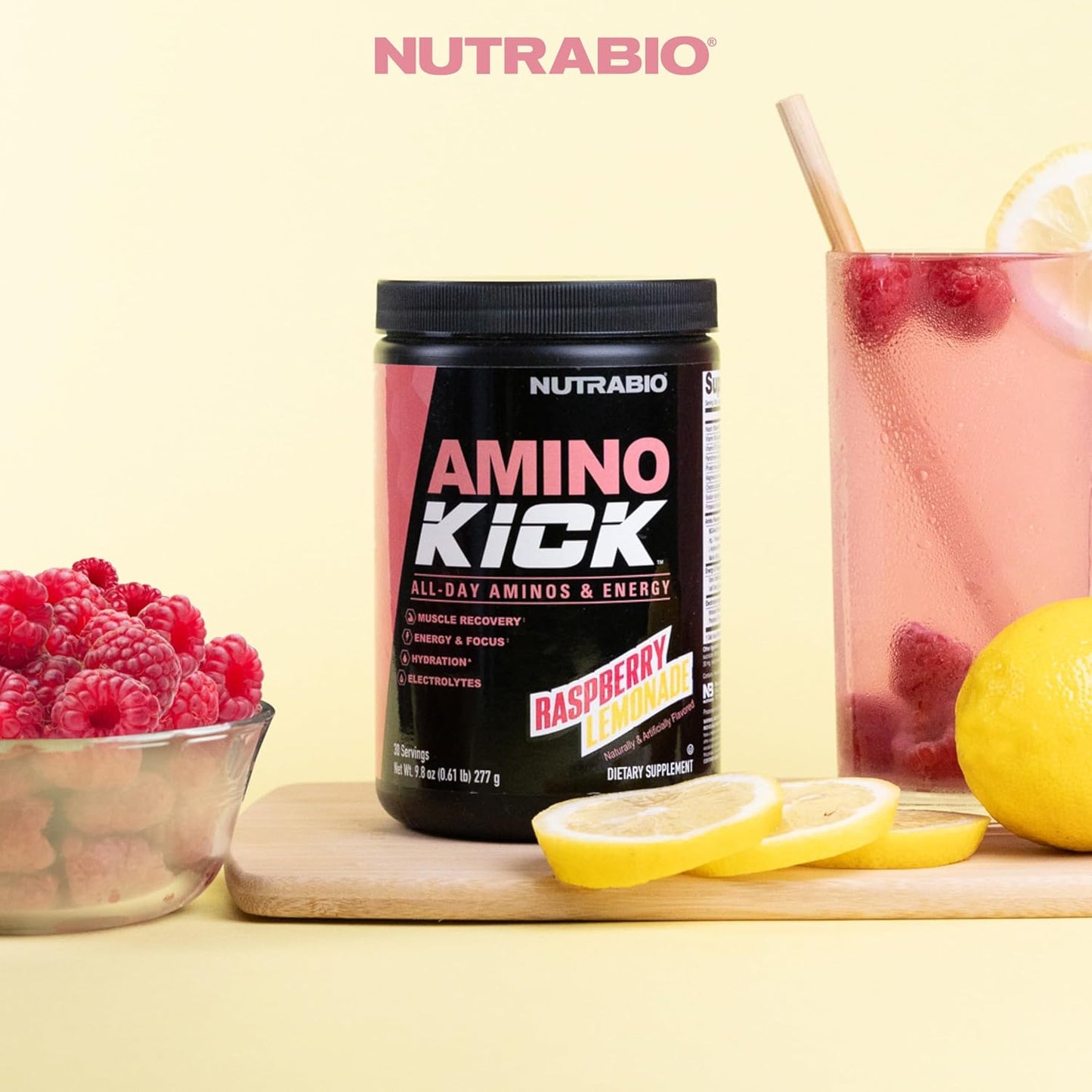 NutraBio Amino Kick: Raspberry Lemonade Amino Acid Energy Formula with BCAA's, Electrolytes, and Natural Caffeine - 30 Servings