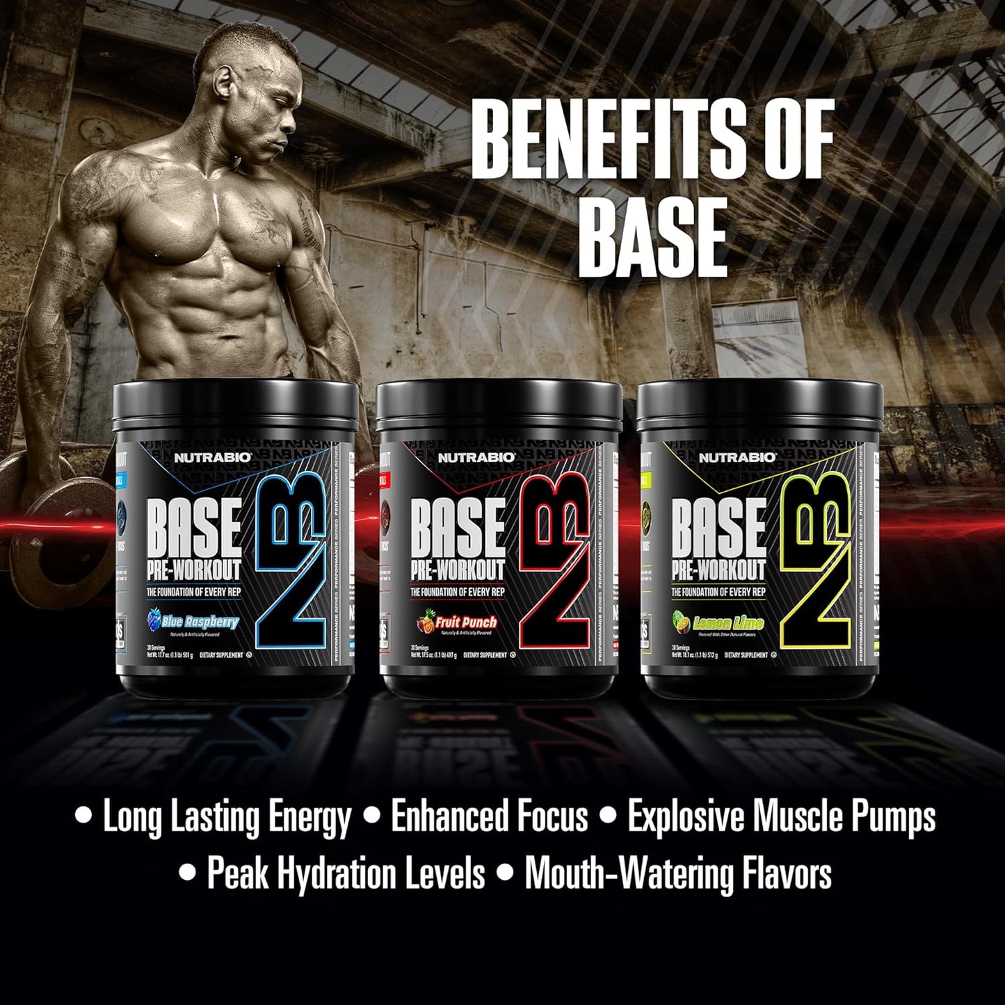 NutraBio Base Pre-Workout Powder - Energy, Focus, Endurance, Hydration - Men and Women - Lemon Lime - 30 Servings