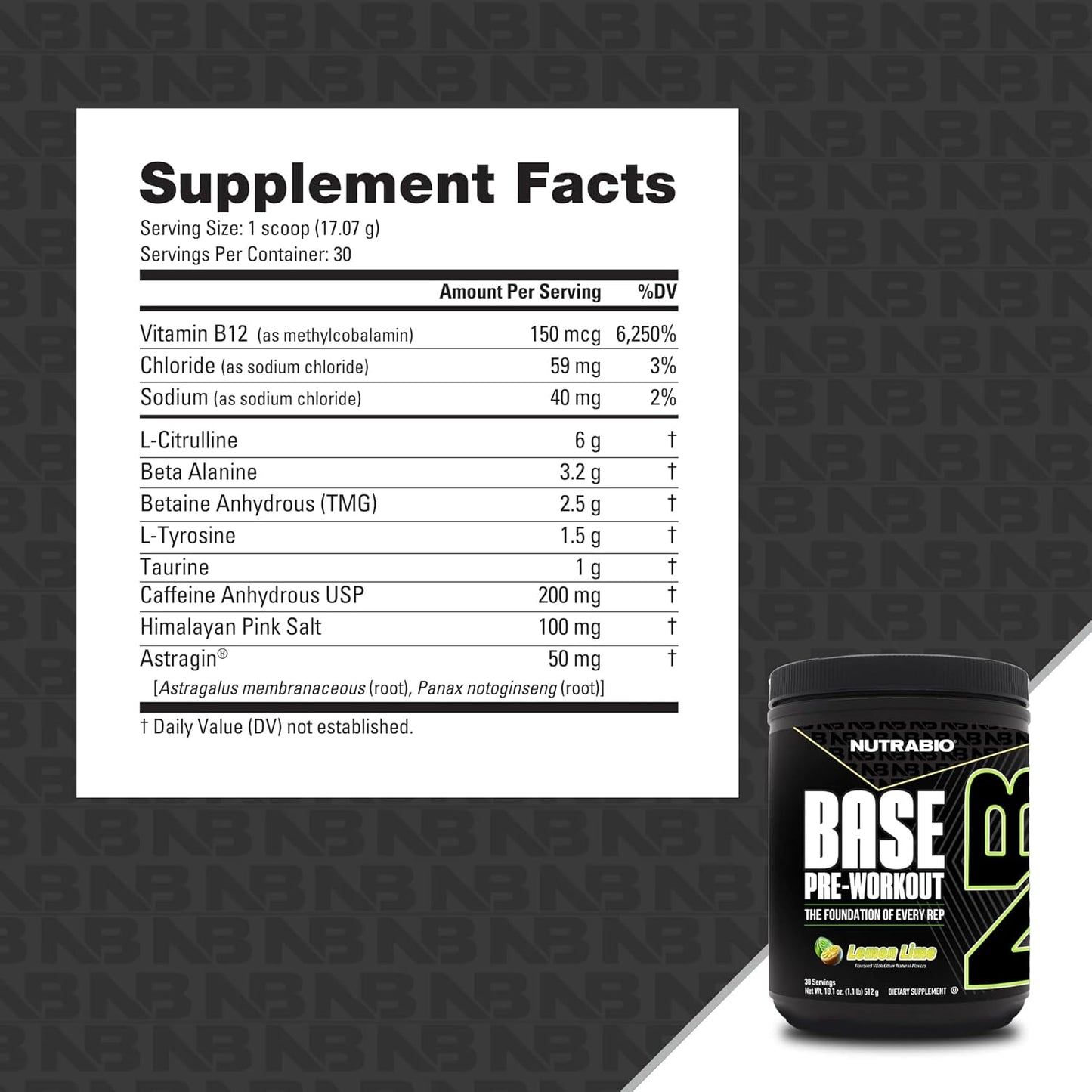 NutraBio Base Pre-Workout Powder - Energy, Focus, Endurance, Hydration - Men and Women - Lemon Lime - 30 Servings