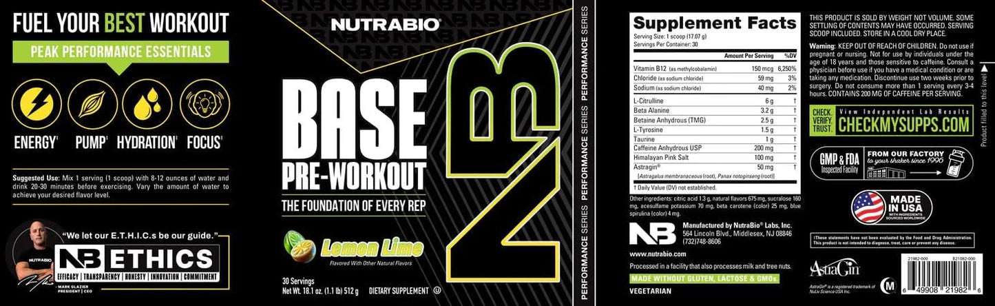 NutraBio Base Pre-Workout Powder - Energy, Focus, Endurance, Hydration - Men and Women - Lemon Lime - 30 Servings