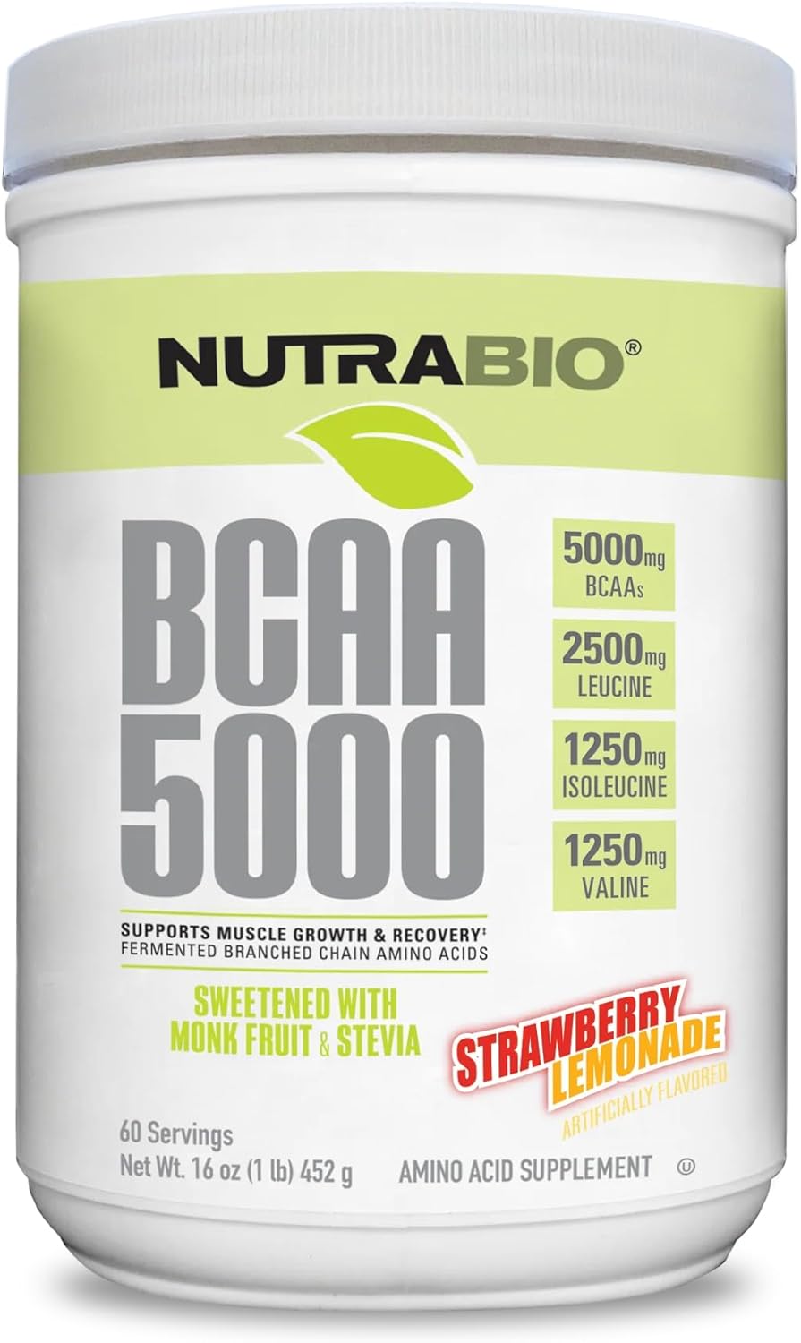 NutraBio BCAA 5000 Powder: Vegan Fermented Branched Chain Amino Acids for Muscle Growth & Recovery - Strawberry Lemonade, 60 Servings