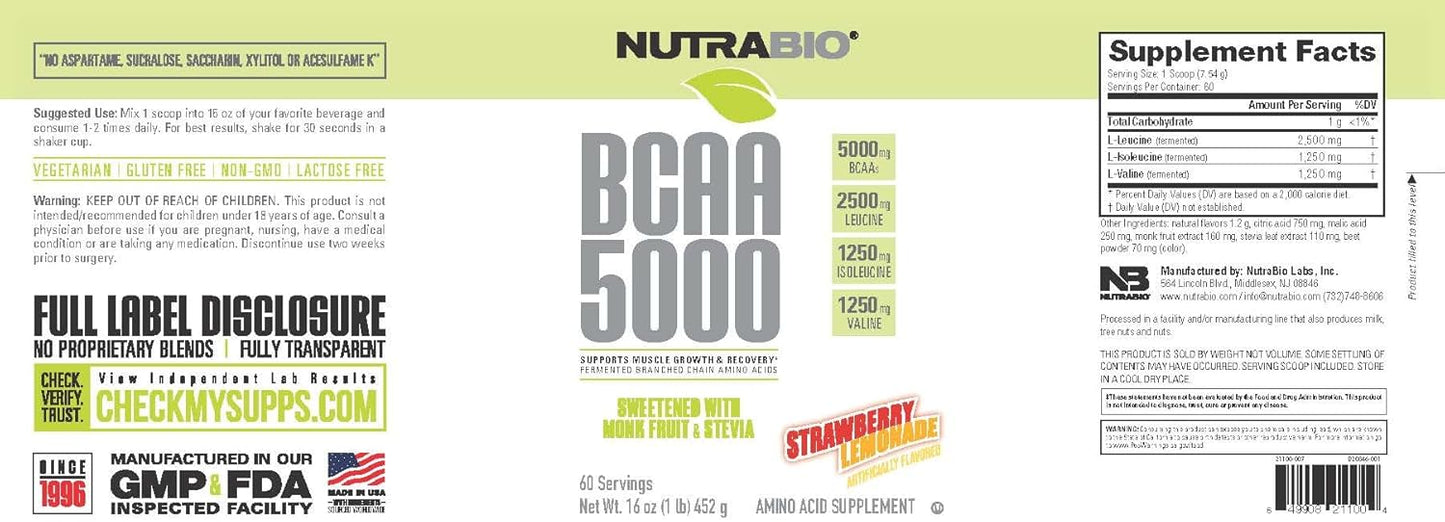 NutraBio BCAA 5000 Powder: Vegan Fermented Branched Chain Amino Acids for Muscle Growth & Recovery - Strawberry Lemonade, 60 Servings