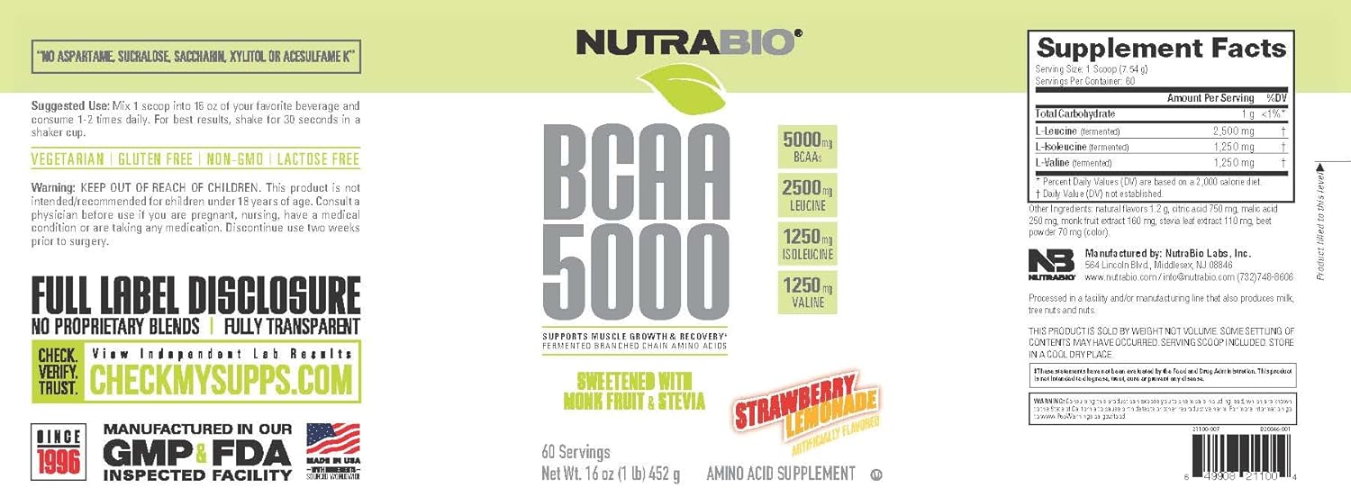 NutraBio BCAA 5000 Powder: Vegan Fermented Branched Chain Amino Acids for Muscle Growth & Recovery - Strawberry Lemonade, 60 Servings