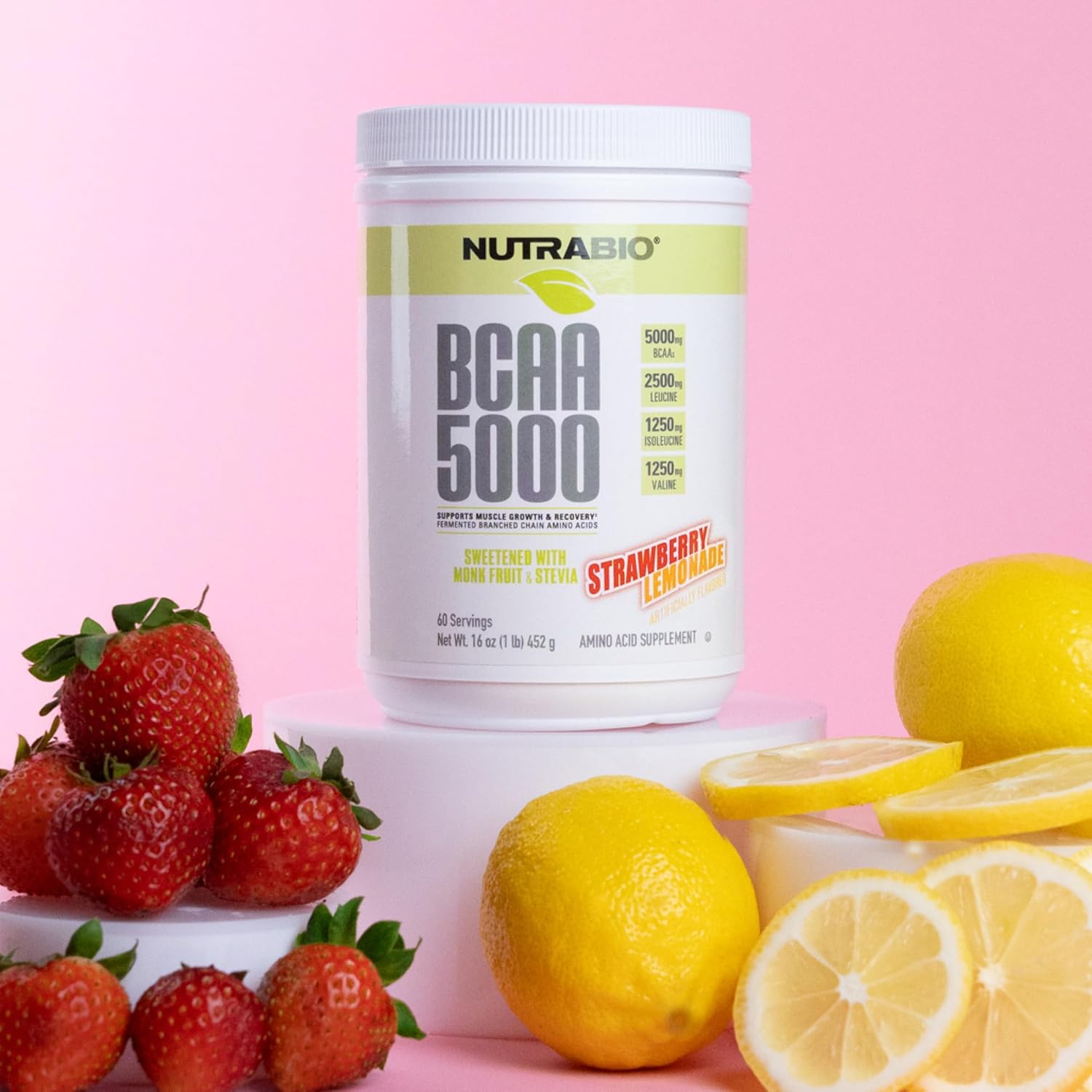 NutraBio BCAA 5000 Powder: Vegan Fermented Branched Chain Amino Acids for Muscle Growth & Recovery - Strawberry Lemonade, 60 Servings