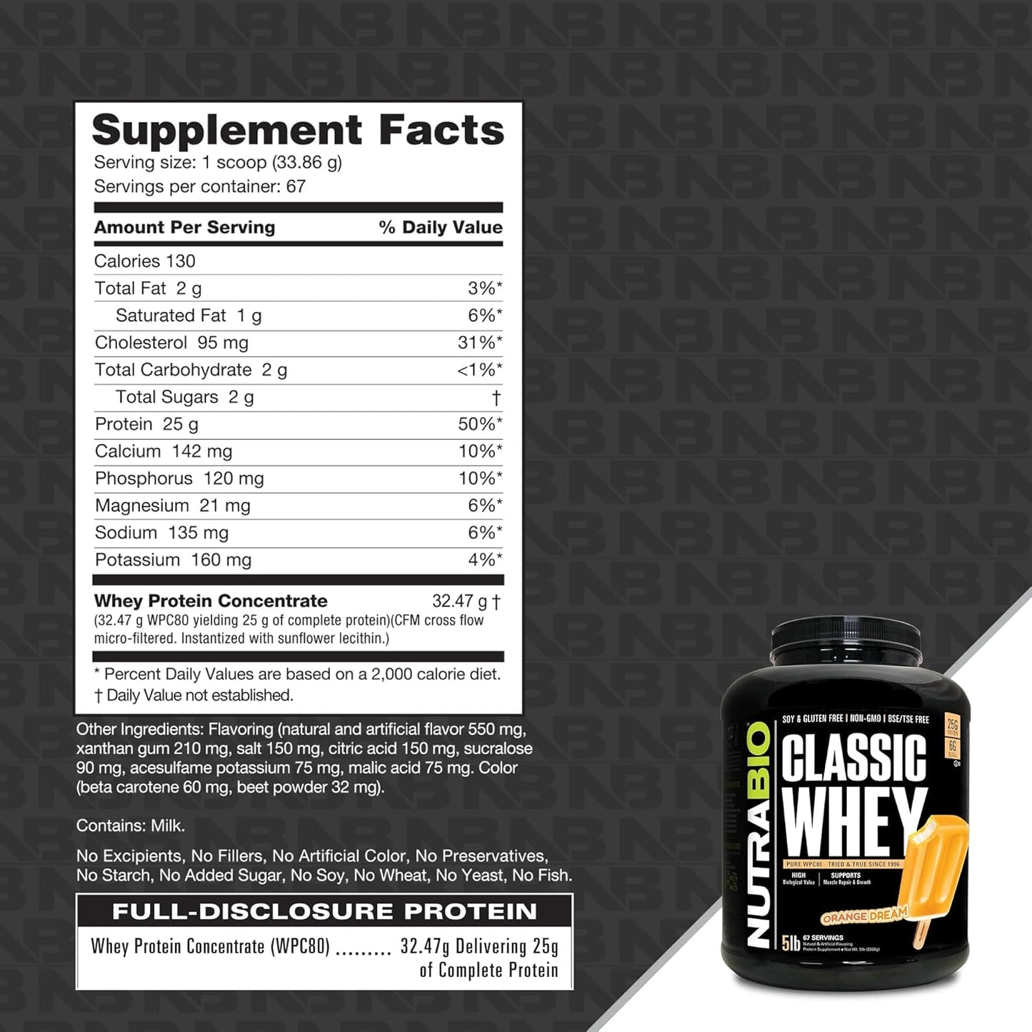 NutraBio Classic Whey Protein Powder Orange Dream Flavor - 5lb Tub - High Protein Content - No Artificial Additives