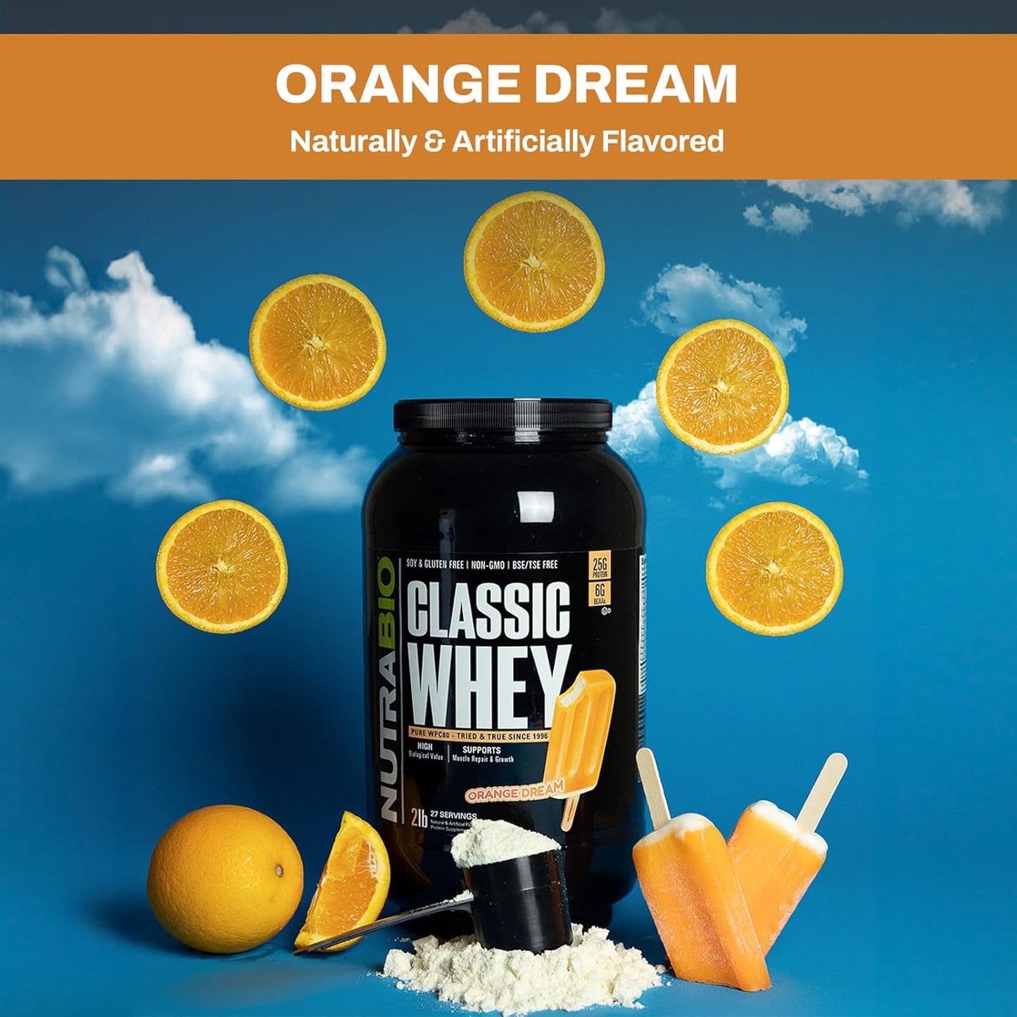 NutraBio Classic Whey Protein Powder Orange Dream Flavor - 5lb Tub - High Protein Content - No Artificial Additives
