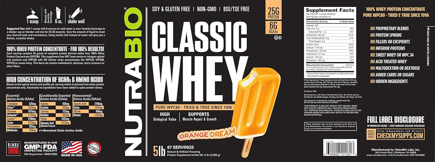 NutraBio Classic Whey Protein Powder Orange Dream Flavor - 5lb Tub - High Protein Content - No Artificial Additives