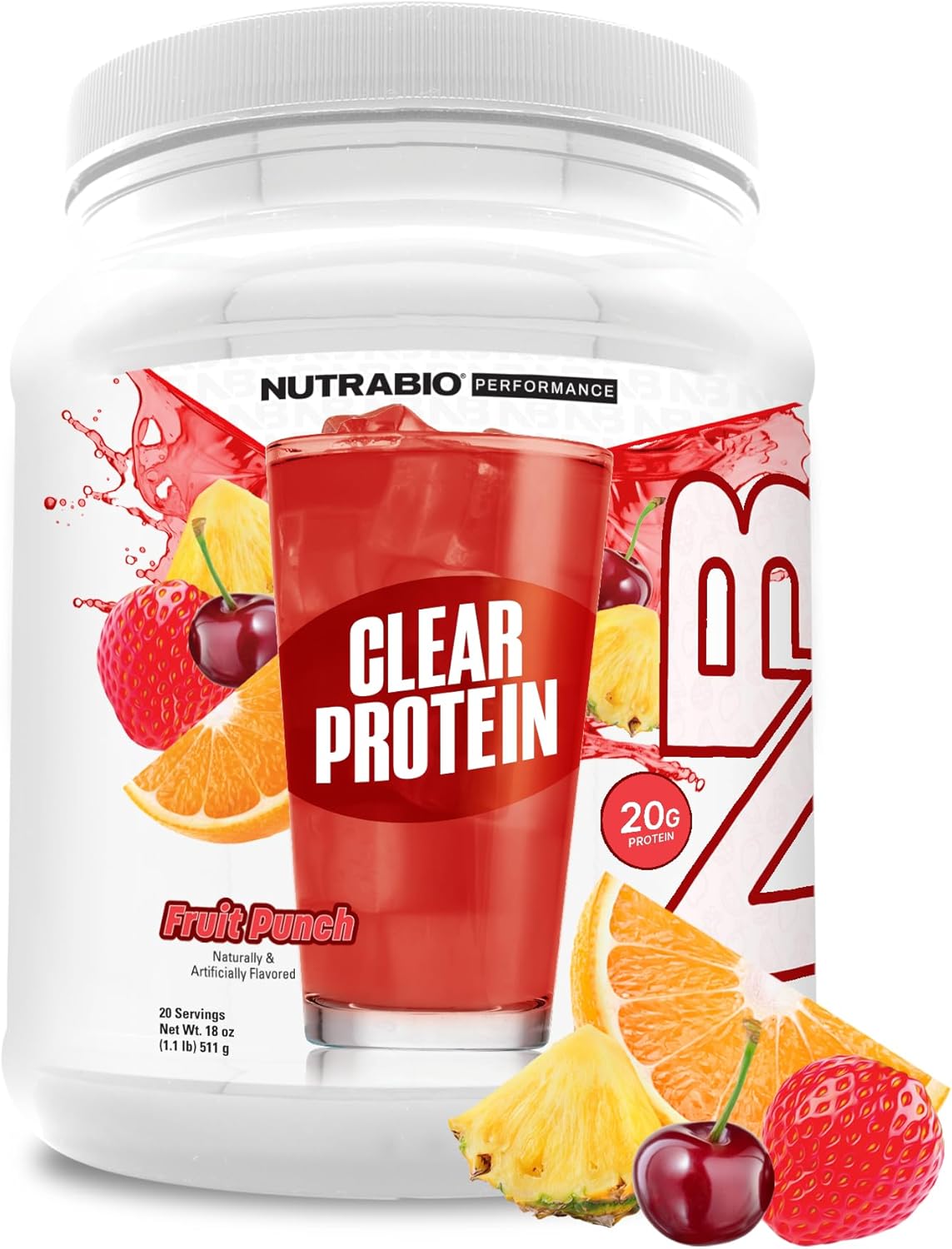 NutraBio Clear Whey Isolate Protein Powder - Fruit Punch Flavor, Refreshing Protein Juice with Zero Sugar, 20 Servings