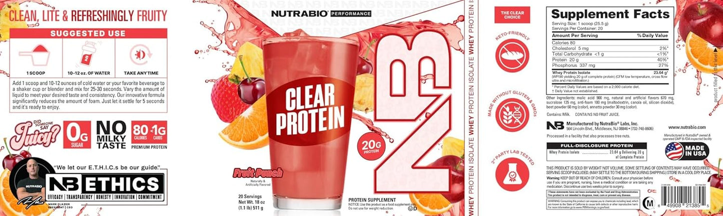 NutraBio Clear Whey Isolate Protein Powder - Fruit Punch Flavor, Refreshing Protein Juice with Zero Sugar, 20 Servings