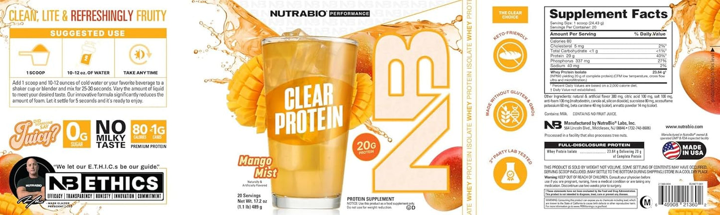 NutraBio Clear Whey Isolate Protein Powder - Mango Mist Flavor, Refreshing Protein Juice with Zero Sugar, 20 Servings