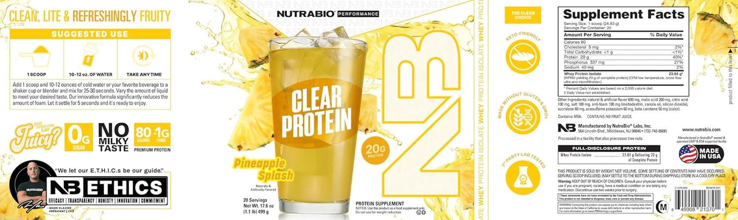 NutraBio Clear Whey Isolate Protein Powder - Pineapple Splash Flavor, Zero Sugar, 20 Servings